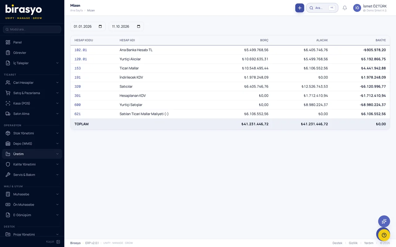 Trial balance screen